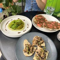 Pesto mushrooms on sourdough, fave with roasted broccoli and mole lentil tostadas   at Etnofood in Oaxaca