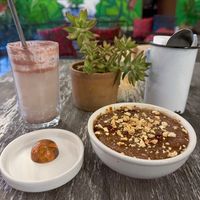 Arroz con leche chocolatoso, horchata de cacao, bombón de maracuyá   at Etnofood in Oaxaca