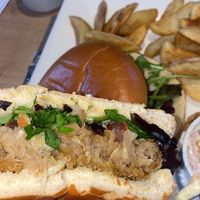 Vegan Jackfruit burger with chips and vegan coleslaw.  at The White Swan Inn in Lowick