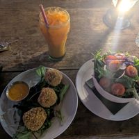Vegan mushroom arancini with salad and fresh juice at Soak In Dampier in Dampier