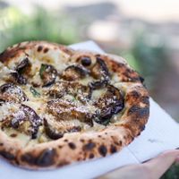 Eggplant pizza with vegan cheese sauce (market special) at Piante Pizza in Brisbane