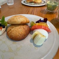 Fluffy pancakes with fruit (background, special fluffy pancakes with matcha cream) at AIN SOPH.Ginza in Tokyo