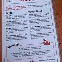 Taco menu - the tempura avocado taco is also vegan at Overdraft Craft Ale Bar in Winchester