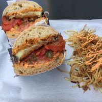 Red “dwich” with dirty fries at Plan D - DWICH & Glace in Paris