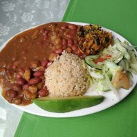 Meal of the day: beans, rice, quinoa fritter, salad at El Enebro in Pereira