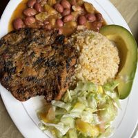 Daily lunch special- main dish (choice of beans or mash today)   at El Enebro in Pereira