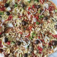 Vegan pizza topped with lots of veggies at Dolce Vita in Ohrid