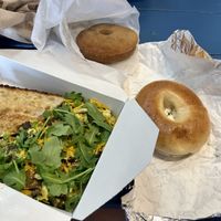 Tofu, scramble, bagel with vegan cream cheese, sugar donut. All of them amazing!  at Connie's Bakery in Provincetown
