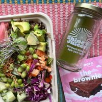 My go to lunch: Buddha bowl, fresh pressed juice, and a little treat :) at Shine On Juicery in Kill Devil Hills