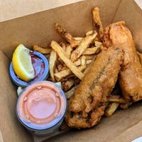 Seitan "fish" and chips with vegan fry sauce and cocktail sauce.  at Grid City Beer Works in Salt Lake City