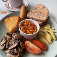 Full vegan English breakfast w beyond meat sausage   at Kinder Kitchen in South East London