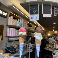 Pistazie, Kokos, dunkle Schokolade und Himbeersorbet  at Dolomiti Eis Cafe in Bad Nauheim