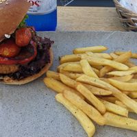 Vegan fish Burger at Nissi Beach Cafe in Kos