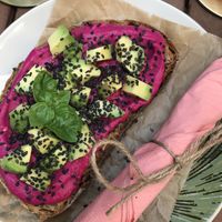 Cviklovy hummus / beetroot hummus bread  at Artelier Cafe & Bar in Bratislava