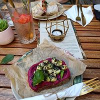 Beetroot hummus sandwich, lemonade and veggie wrap at Artelier Cafe & Bar in Bratislava