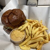 Korean mushroom burger, fries with relish  at Kitsune Burgers in Brussels