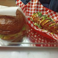Burger of the month and corn dog at Kitsune Burgers in Brussels