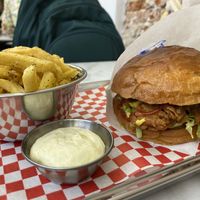 Crunchy Chick’n oyster mushroom burger, Frites Furikake and Mayo Kewpie  at Kitsune Burgers in Brussels