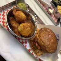 Corn fritters & spicy Korean chicken burger  at Kitsune Burgers in Brussels