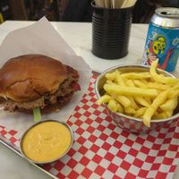 Double smash burger, fries, relish mayo at Kitsune Burgers in Brussels
