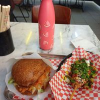 Corn dog and korean burger at Kitsune Burgers in Brussels