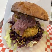 Burger with a fried mushroom & peanut sauce 10/10  at Kitsune Burgers in Brussels