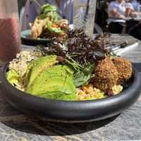 Buddha bowl and signature shake  at Café Baghuset in Viborg