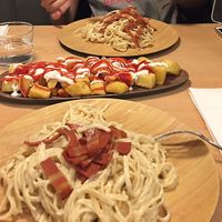 Pasta carbonara & patatas bravas at A Flama in Zaragoza