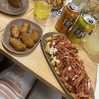 Nuggets and patatas bravas with bacon, ketchup and mayo #Veganuary at A Flama in Zaragoza