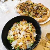 Caesar salad, Roman style pizza with truffles and sausage at Linfa in Milan