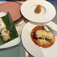 Left — Tropical sushi; Top right — Arancini; Bottom right — Involtini at Linfa in Milan