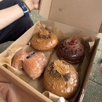 Biscoff donut, blueberry fritter and chocolate strawberry cheesecake!! 😛  at Sasparella Vegan Deli + Donut Delivery in Falmouth
