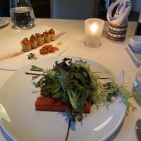 Vegan starters FROM THE VEGAN MENU (papas bravas and watermelon salad)  at BCN Taste and Tradition in Houston