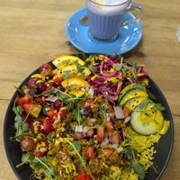 Sweet potato & caramel latte and vegan keema curry poke bowl at The Chakra Lounge in Sheffield