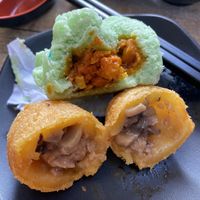Inside the vegan BBQ pork bun & vegan ham sui gok  at Iron Teapot Dim Sum in Culver City