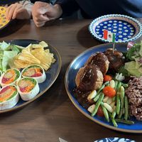 Rainbow wrap and hamburger plate, delicious and kid friendly food!  at Retro33 - 레트로33 in Yongin