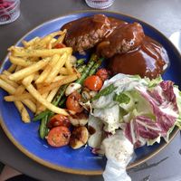 Hamburger steak meal with fries, veges and salad  at Retro33 - 레트로33 in Yongin