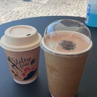 Coffee and monkey nut smoothie  at Stolen Fruit in Santorini