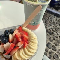 Bananarchy Acai & Iced Oat Milk Matcha at Stolen Fruit in Santorini