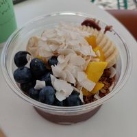 Acai Bowl with coconut blueberries and mango at Stolen Fruit in Santorini