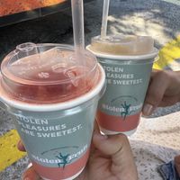 Watermelon juice and minty lemonadee  at Stolen Fruit in Santorini