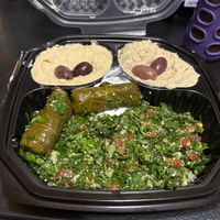Neomonde Platter(hummus, baba ganouj, stuffed grape leaves, tabbouli… vegans should ask for no labneh which has dairy in it)  at Neomonde Mediterranean in Raleigh