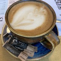 Flat white with oat milk at m'Eating Point in Llangollen