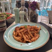 Penne with vegan meatballs and a hint of cinnamon  at Gemma Naxian Bar in Naxos