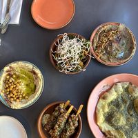 (the skewers are chicken so obvs not vegan! but everything else is vegan: hummus, flatbread, baba ganoush, aubergine )  at Ernest in Newcastle Upon Tyne