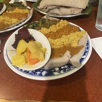 Vegetarian Combination "Which Are All Vegan" served with tasteful Ethiopian bread called "Injera"  at Almaz Cafe in Philadelphia