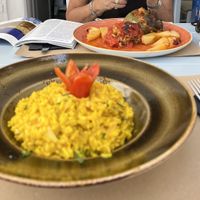 Saffron rice and stuffed pepper  at Mother Earth in Mykonos