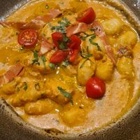 Vegan gnocchi with red pesto at Mother Earth in Mykonos