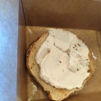 Generous vegan cream cheese on bagel at Sunrise Coffee in Las Vegas