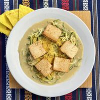 cheesy zucchini noodles  at Samsara's Garden in San Marcos La Laguna